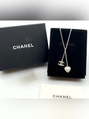 CHANEL Silver CC Logo and Heart Necklace with Mother-of-Pearl Heart